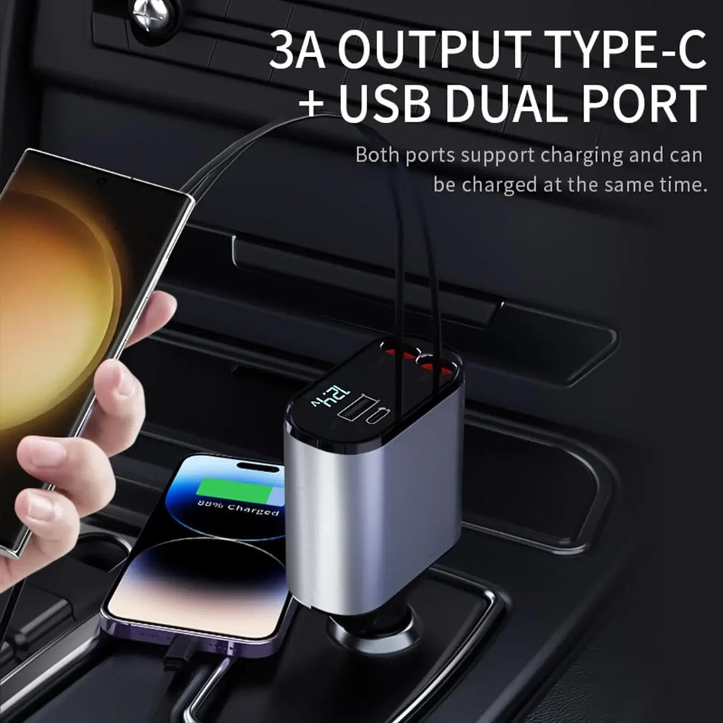 4-in-1 Car Charger 120W – Retractable Fast Charging Car Adapter