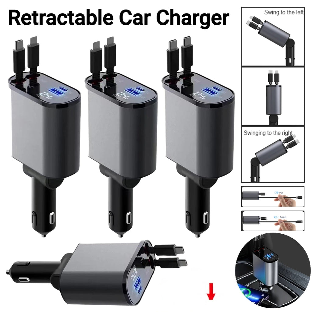 4-in-1 Car Charger 120W – Retractable Fast Charging Car Adapter