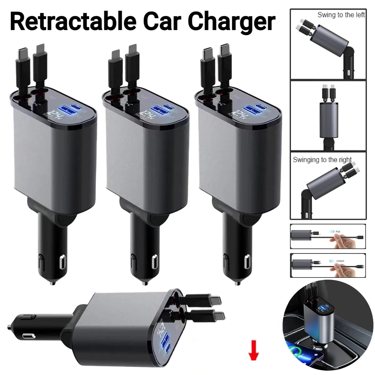 4-in-1 Car Charger 120W – Retractable Fast Charging Car Adapter