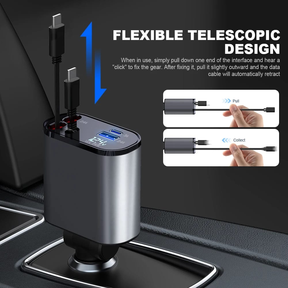 4-in-1 Car Charger 120W – Retractable Fast Charging Car Adapter