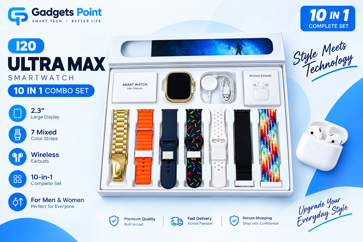10-in-1 Set I20 Ultra Max Smartwatch Combo – 2.3" Display, 7 Straps & Wireless Earbuds